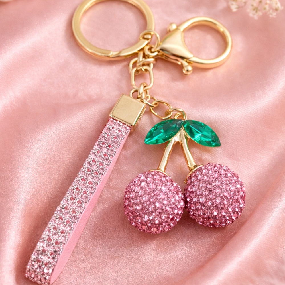 Crystal Pink Cherry Keychain with Green Leaf Accent